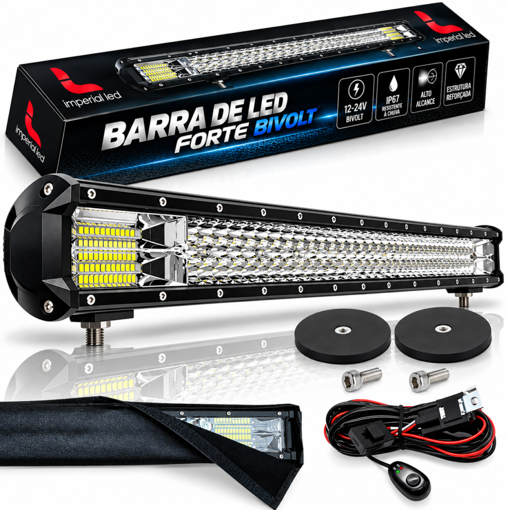 KIT COMPLETO BARRA DE LED 80CM 432W FORTE COM PAR DE IMÃ CHICOTE COMPLETO E CAPA PROTETORA