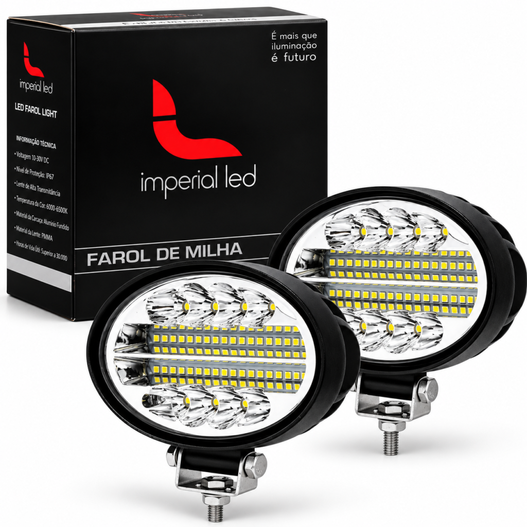 PAR FAROL LED OVAL FORTE 144W 12V 24V PARA MAQUINAS AGRÍCOLAS CAMINHÕES MOTOS E CARROS